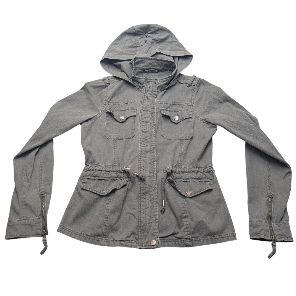 Aeropostale Utility Jacket Women Medium Grey Hooded Military Cargo Pocket